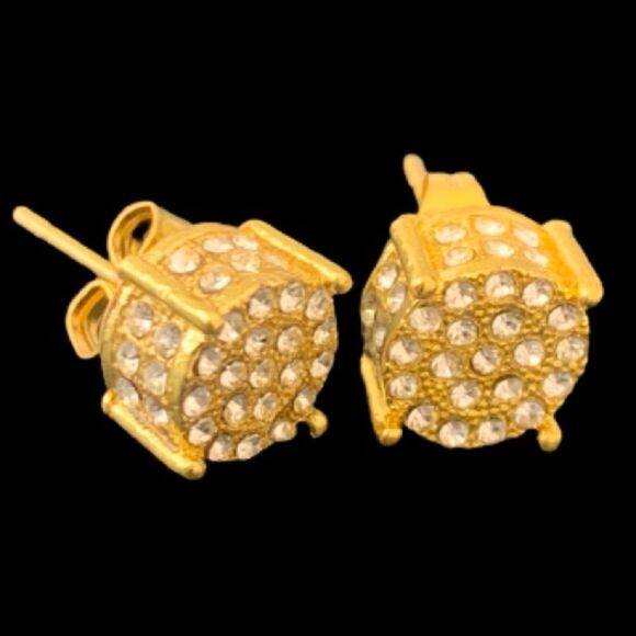 Men’s Gold Plated Cube CZ Studs – Iced Out Hip Hop Earrings - Picture 1 of 9